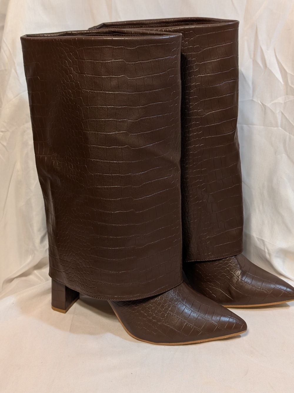 Fashion Nova Chocolate Brown Croc-Embossed Boots